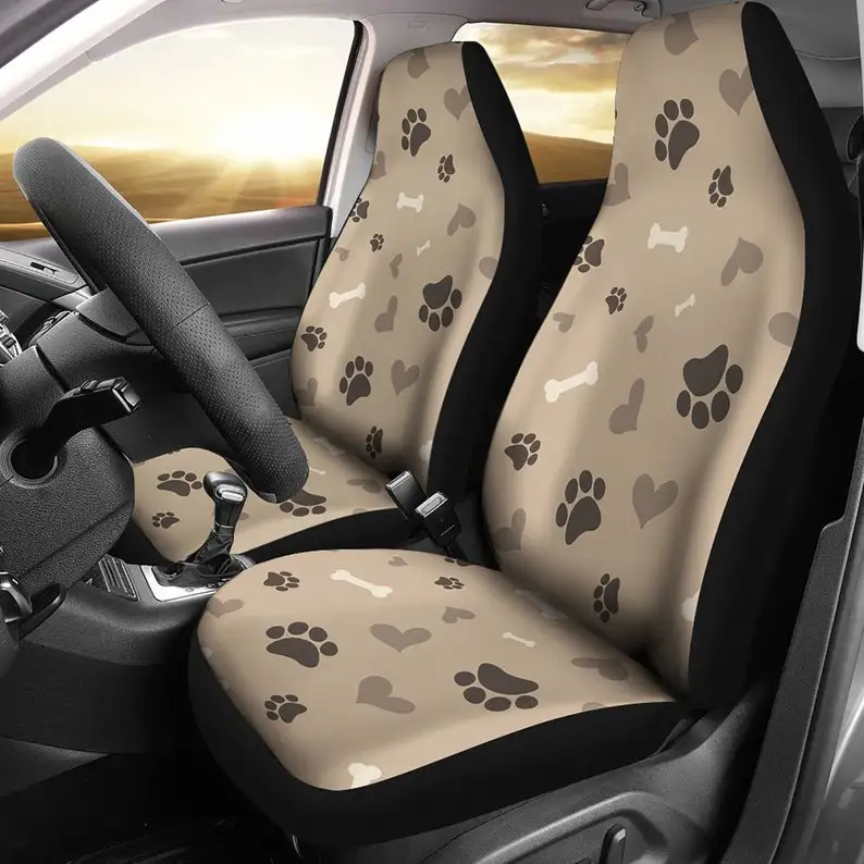 

Beige and Brown Paw Print Pattern Pet Love Theme Car Seat Covers Set SUV Universal Fit Front Bucket Seats Dog Paws