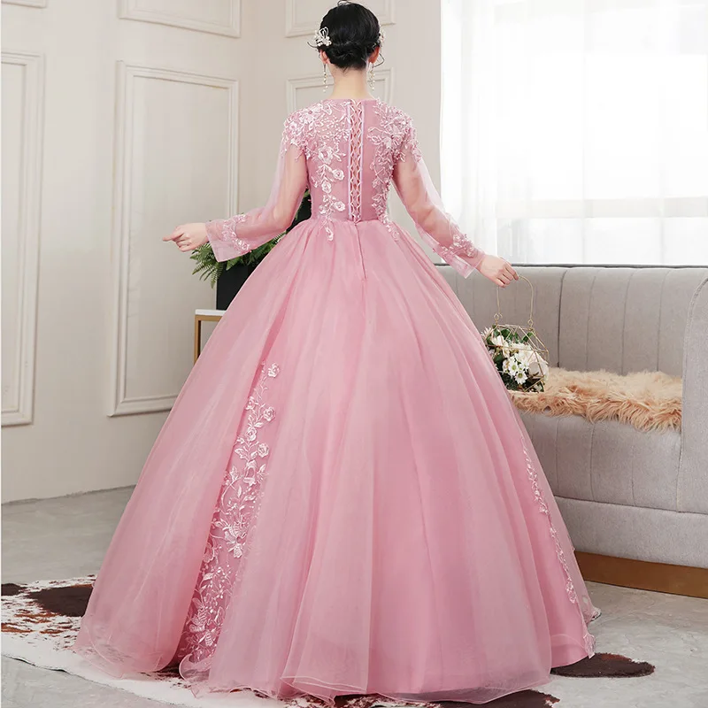 Bean Paste Pink Long Sleeves Quinceanera Dresses 15 Party Fashion V-Neck Floral Applique Princess Birthday Party Gowns Vestidos