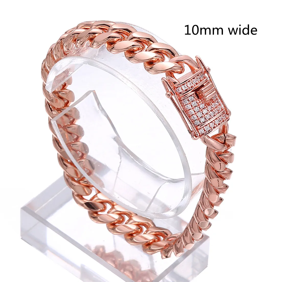 

Granny Chic Stainless Steel Rose Gold Tone Women Men's Miami Cuban Link Chain Bracelet with CZ Lock 10mm/14mm Width