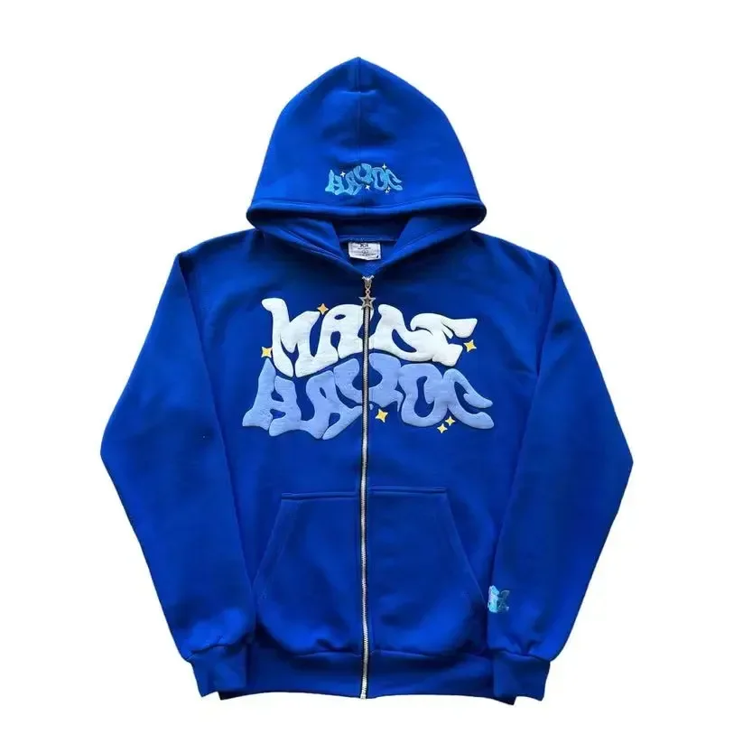 New trendy retro American letter-zippered hooded sweatshirt, unisex millennium-style jacket for autumn and winter
