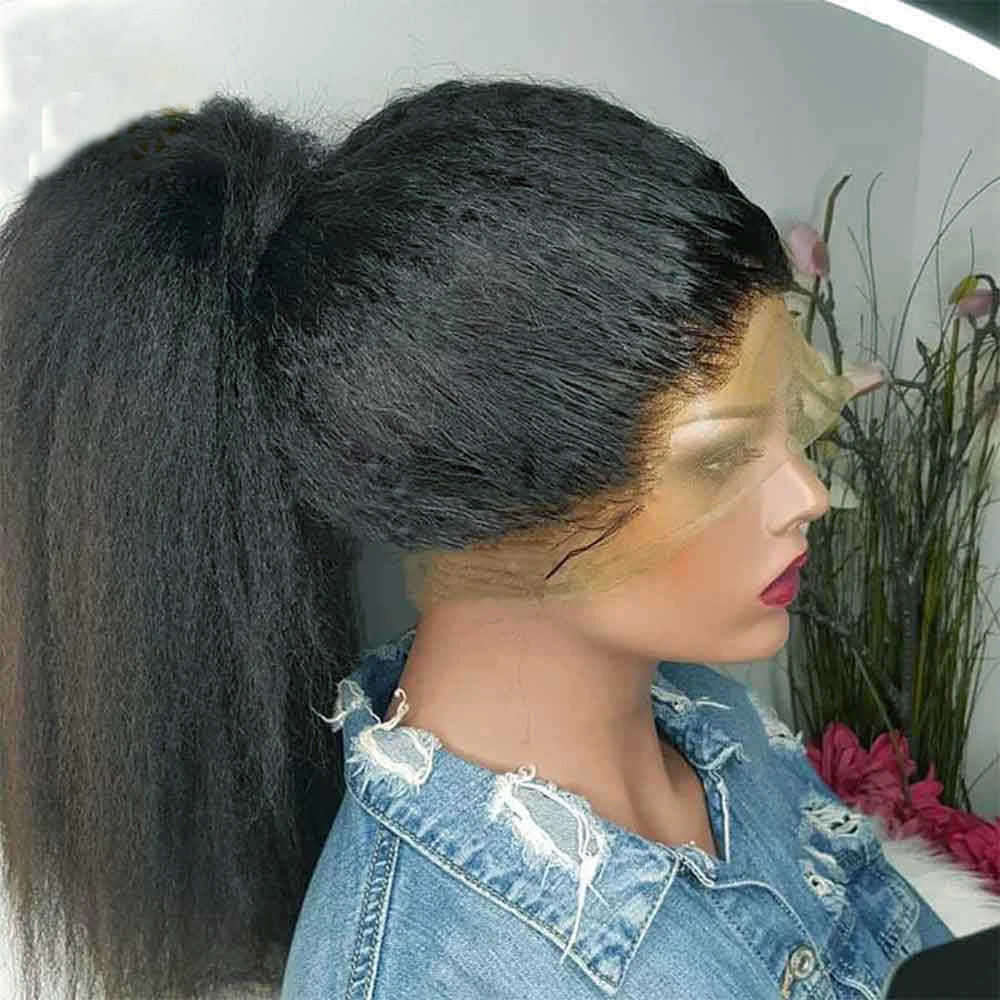Natural Long 28 inch Soft Black Yaki Kinky Straight Hair Wig For Women Natural Hairline Kinky Straight Wig With Afro Baby Hair Natural Long 28 inch Soft Black Yaki Kinky Straight Hair Wig For Women Natural Hairline Kinky Straight Wig With Afro Baby Hair