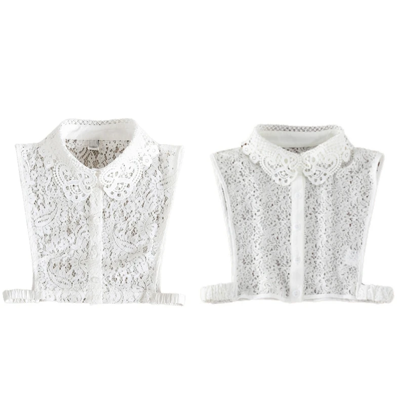 

Korean Women Girls Hollow Out Floral Lace Fake Collar Button Down Detachable Lapel White Half Shirt Blouse Spring Sweater
