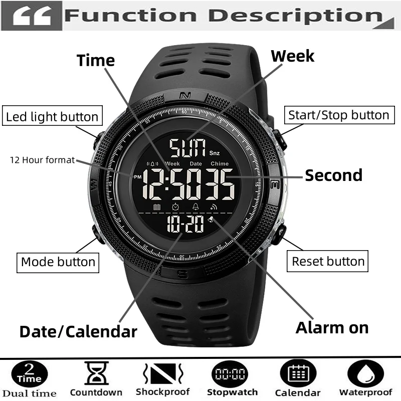 Skmei Dual Time Zone Mens Military Sports Watch 12/24 Hour Format Fashion TPU Band Big Size Dial Led Swimming Digital Wristwatch 2