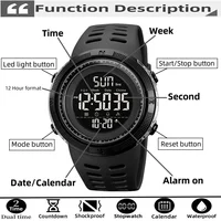 Skmei Dual Time Zone Mens Military Sports Watch 12/24 Hour Format Fashion TPU Band Big Size Dial Led Swimming Digital Wristwatch 2