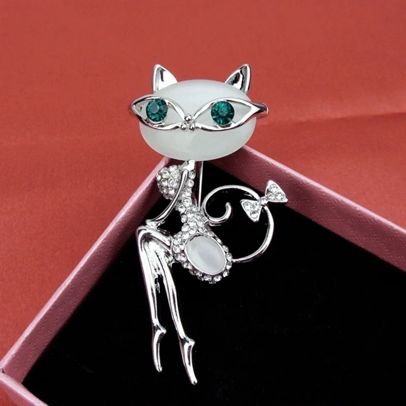 Opal Kitten Cat Eye Stone Brooch Crystal Collar Creativity Dress Fashionable Style Sexy Wedding Accessories metal crystal pins