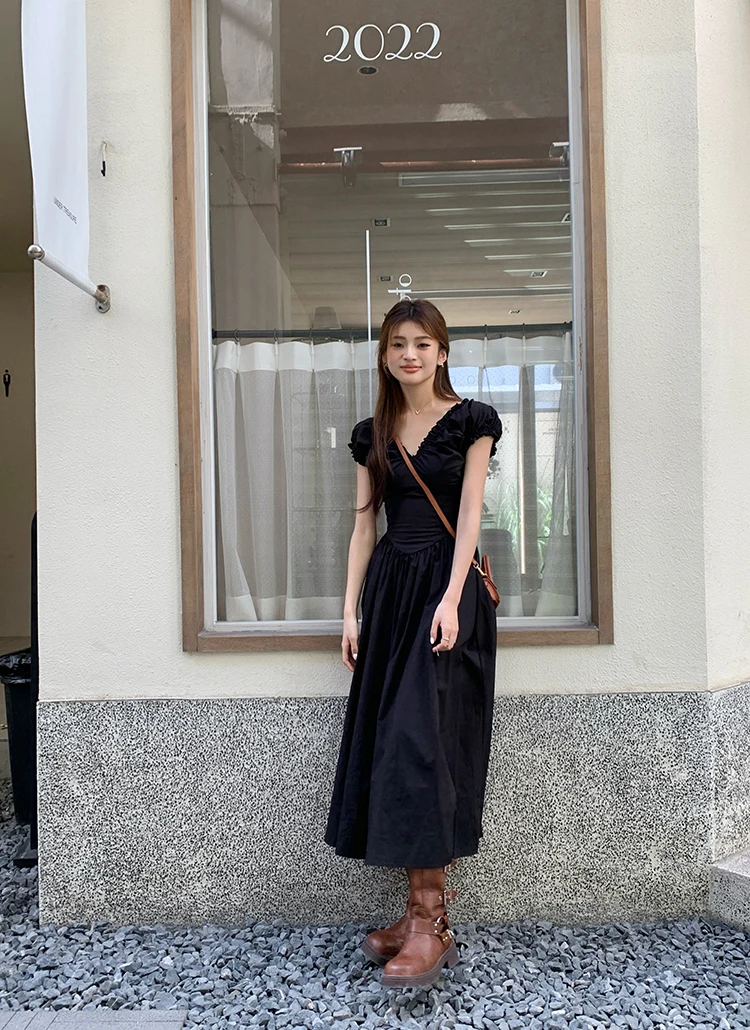 Casual Solid Midi Dresses for Women Korean Chic V-neck Backless High Waist Puff Sleeve A-line Party Dress Summer Vestidos Mujer