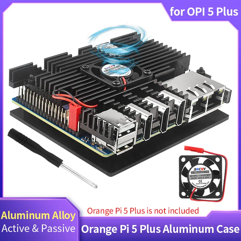 Orange Pi 5 Plus Aluminum Case Active Passive Metal Cooling Enclouse with Cooling Fan Heatsinks Metal Shell for Orange Pi 5 Plus