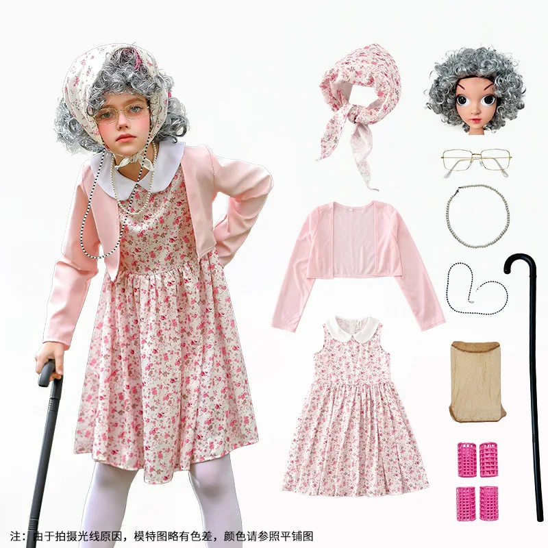 Cosplay Costume Halloween Great grandma cosplay older dress performance costume Kid Halloween with wig glasses