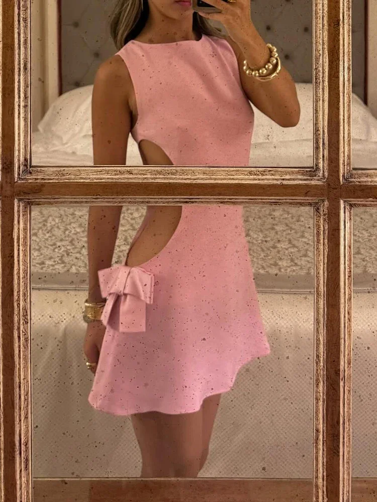 Sexy-Hollow-Out-Bow-Pink-Mini-Dresses-Elegant-Cut-Out-O-Neck-Sleeveless ...