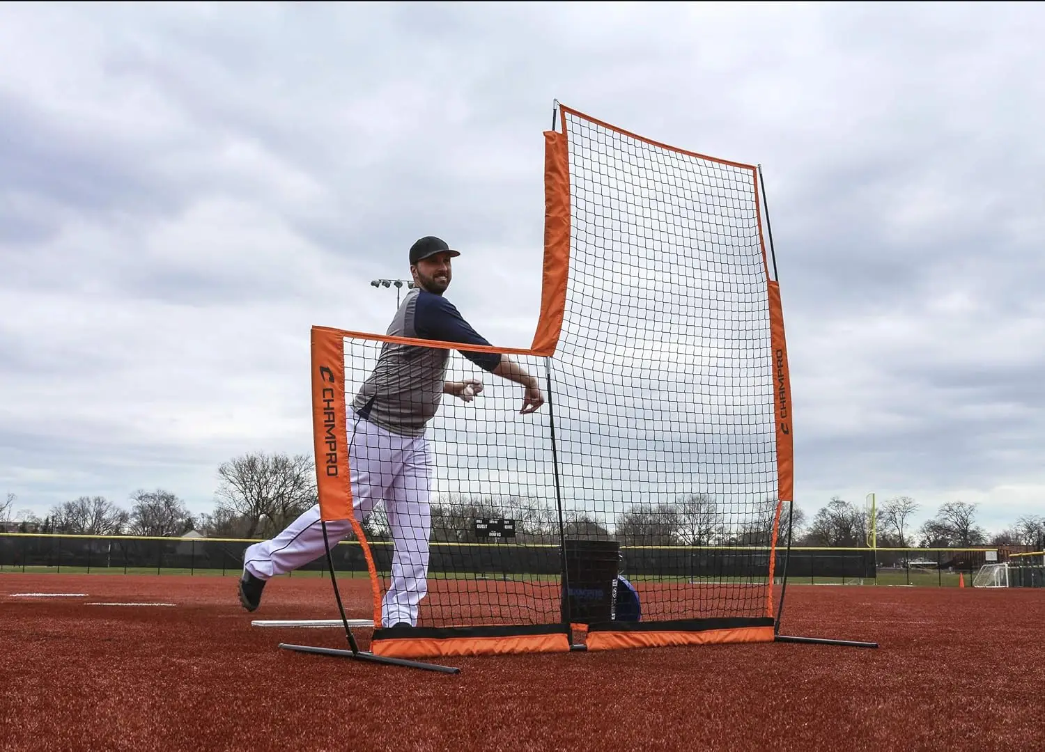 CHAMPRO MVP Portable Lightweight Protective L-Screen, Baseball/Softball Pitcher's Net, 7' X 7' Orange