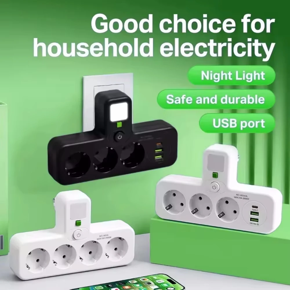 EU Plug Power Strip Outlets Two specifications with or without USB Type-C port Wall Charger for Home Office With Bedside Lamp