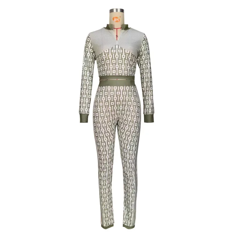 Casual Position Printed Two Piece Set Women Outfits 2023 Autumn Long Sleeve Half Zipper Crop Top Slim Pants Casual Tracksuit