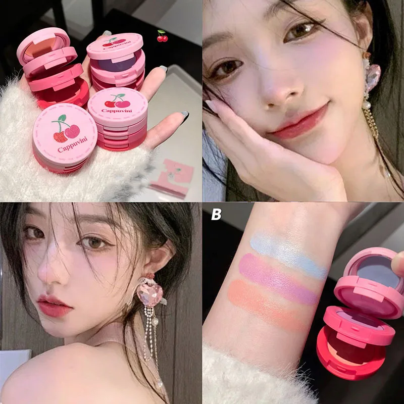 Cherry 3 Layers Blusher Natural Matte Strawberry Milk Cute Blush Cream Brighten Contour Rouge Rubor Dupes Korean Makeup Cosmetic 4