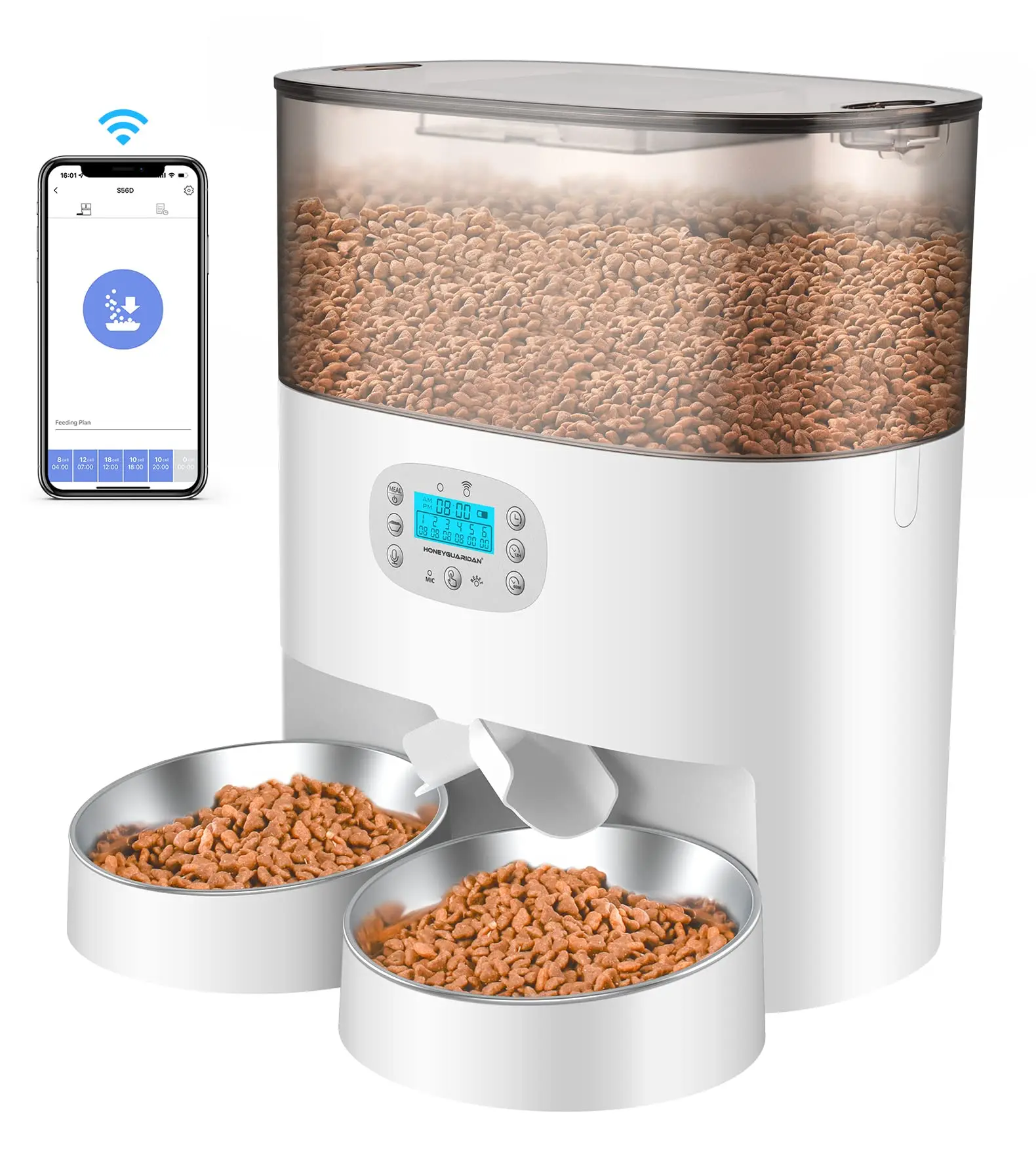 

Pet Feeder 6L Capacity for 2 Cats, 2.4G WiFi Enabled, Timed Pet Food Dispenser with Bowl, APP Control, 10s Voice Recorder, White