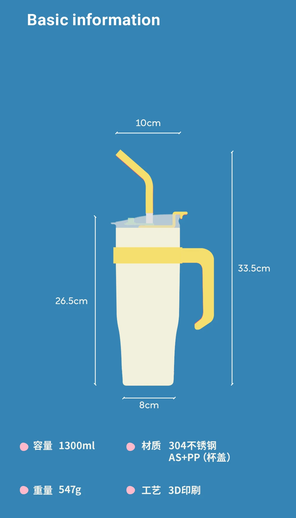 Termo de acero inoxidable de 1300ml con pajita, botella de agua portátil, vaso aislado con asa, taza de viaje para coche