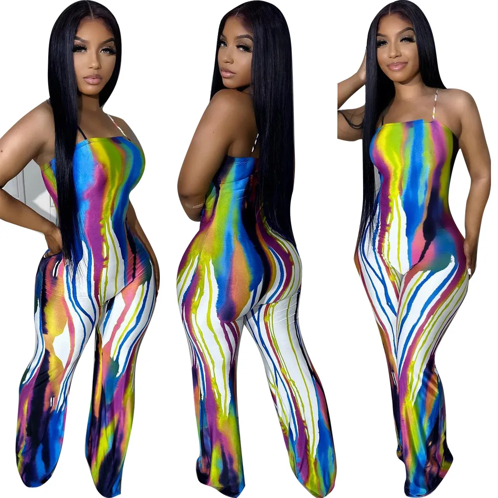 

Colorful Printed Women's Tank Suspenders Flared Pants Jumpsuit Sleeveless Sexy Wide Leg Long Pants Jumpsuits One Piece Overalls
