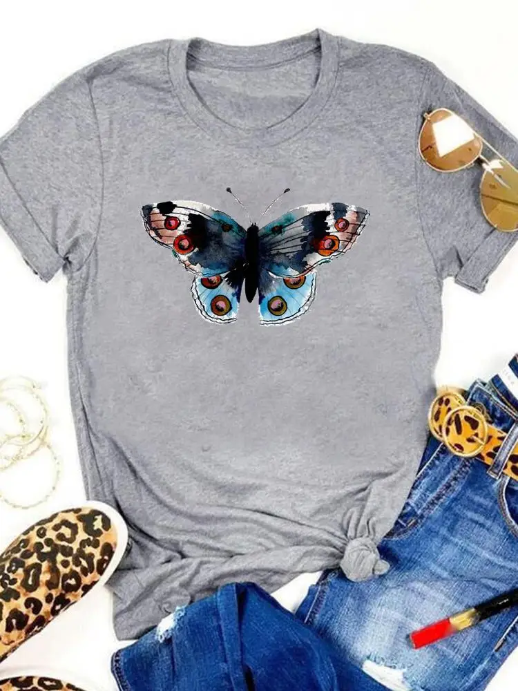 

Cartoon Watercolor Butterfly Summer T-shirts Cartoon Shirt Female Short Sleeve Print Women Clothing Fashion T Top Graphic Tee