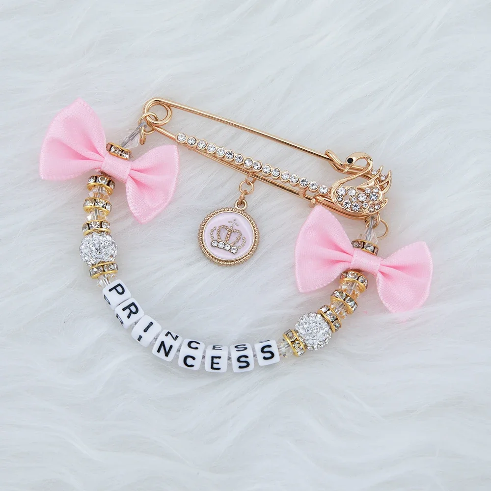 Pacifier Clip MIYOCAR any name can make bling rhinestone pink bow pacifier clip dummy clip stroller chain stroller toy set pacifier clip pacifier chain pacifier accessories teether clip