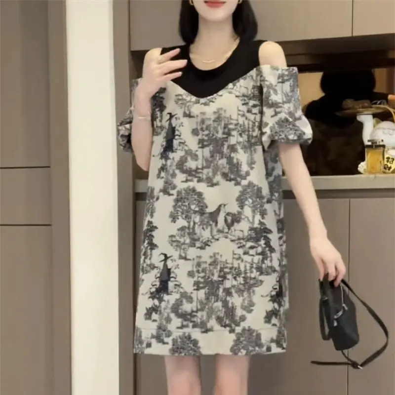 Elegant Vintage Off-Shoulder Spliced A-Line Midi Dress
