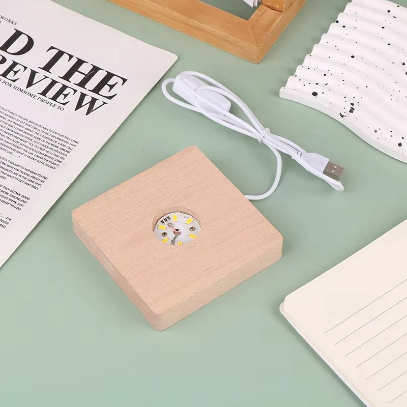 Square LED Luminous Solid Wood Base DIY Crystal Ball Night Lamp Base Rubber Wood USB Plug-In With Switch Ornament 1PCS 6/8/10CM