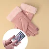 Winter Female Cashmere Warm Suede Leather Cycling Mittens Double Thick Velvet Plush Wrist Women Touch Screen Driving Gloves 2