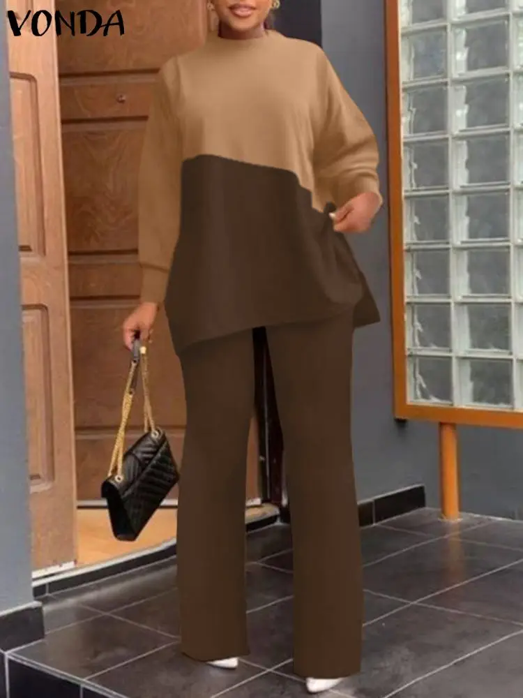 

Модные осенние костюмы VONDA, женские брючные комплекты 2023, Цветные Лоскутные Топы с воротником-стойкой и широкие брюки, повседневные комплекты из 2 предметов