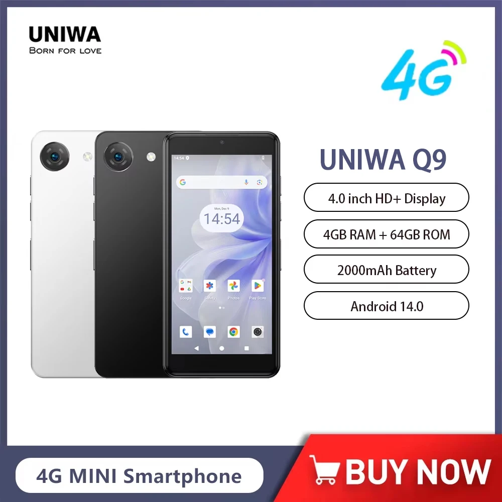 UNIWA Q9 Mini 4G Smartphone Android 14 Unisoc T606 4 Inch qHD 4GB RAM 64GB ROM Mobile Phone 2000mAh Face ID Small Cell Phone