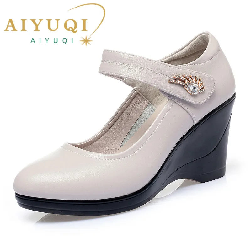 heel shoes gold	 AIYUQI Women's Shoes Platform Wedge 2021 New Women's Autumn Shoes High Heel Fashion Mid-aged Shallow Mouth Mother Shoes blue heels shoes High Heels