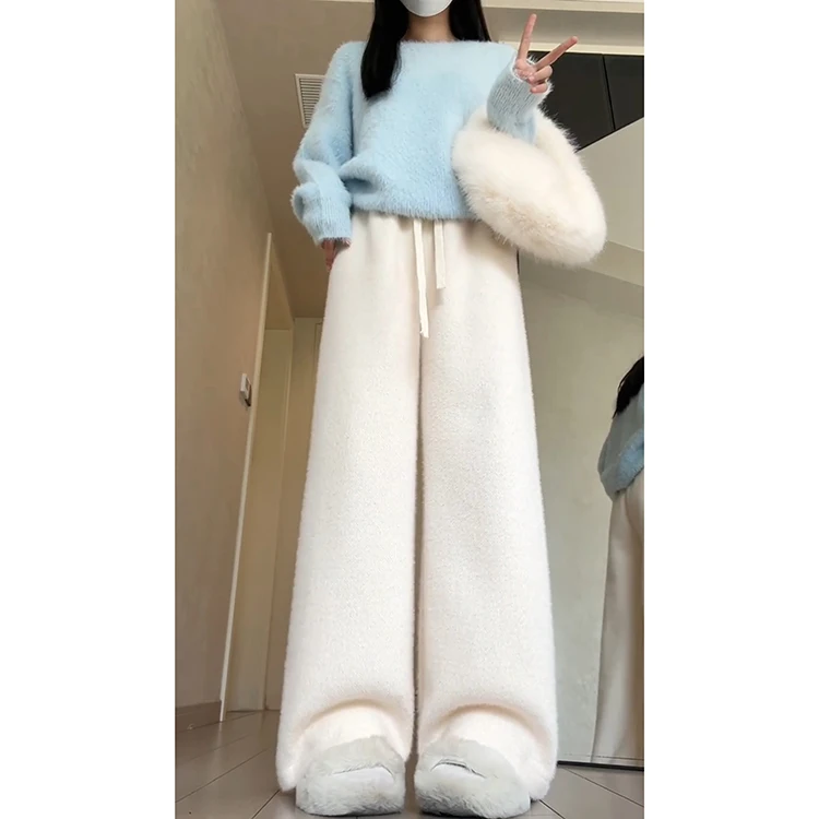 Skin-friendly  Fur Knitted Wide Leg Pants Women's Autumn Winter Thiened High Waist Long Straight Cut Commute Sle