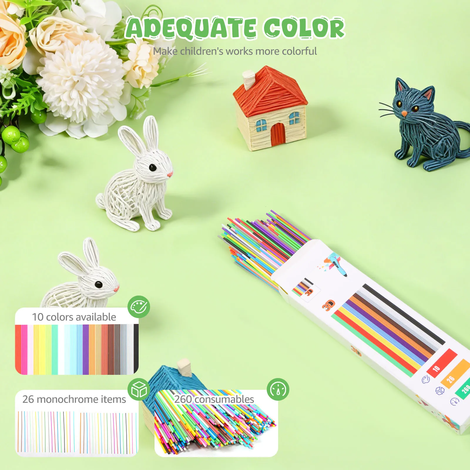 260/560Pcs 3D 펜 필라멘트 리필 10/20 색상 1.75mm PCL 저온 안전 3D 펜 필라멘트 공예 어린이 생일 선물