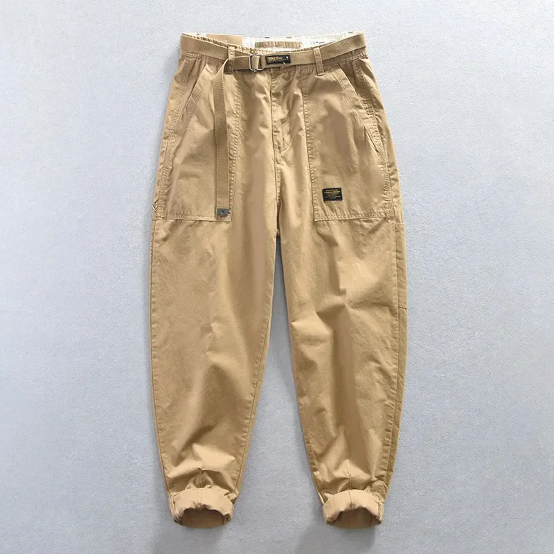 

2023 Summer New 100% Cotton Cargo Casual Trousers for Men Soft Big Pockets Belt Mid Waist Streetwear Pants Oversize AZ621