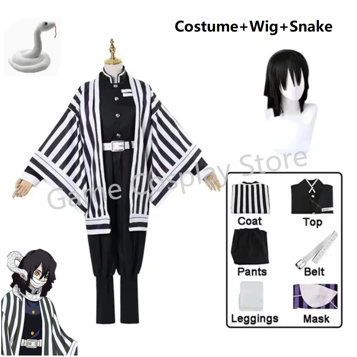 Anime Demon Slayer Kimetsu No Yaiba Iguro Obanai Haori Kimono Cosplay Costume Wig Snake Props White Halloween Costume