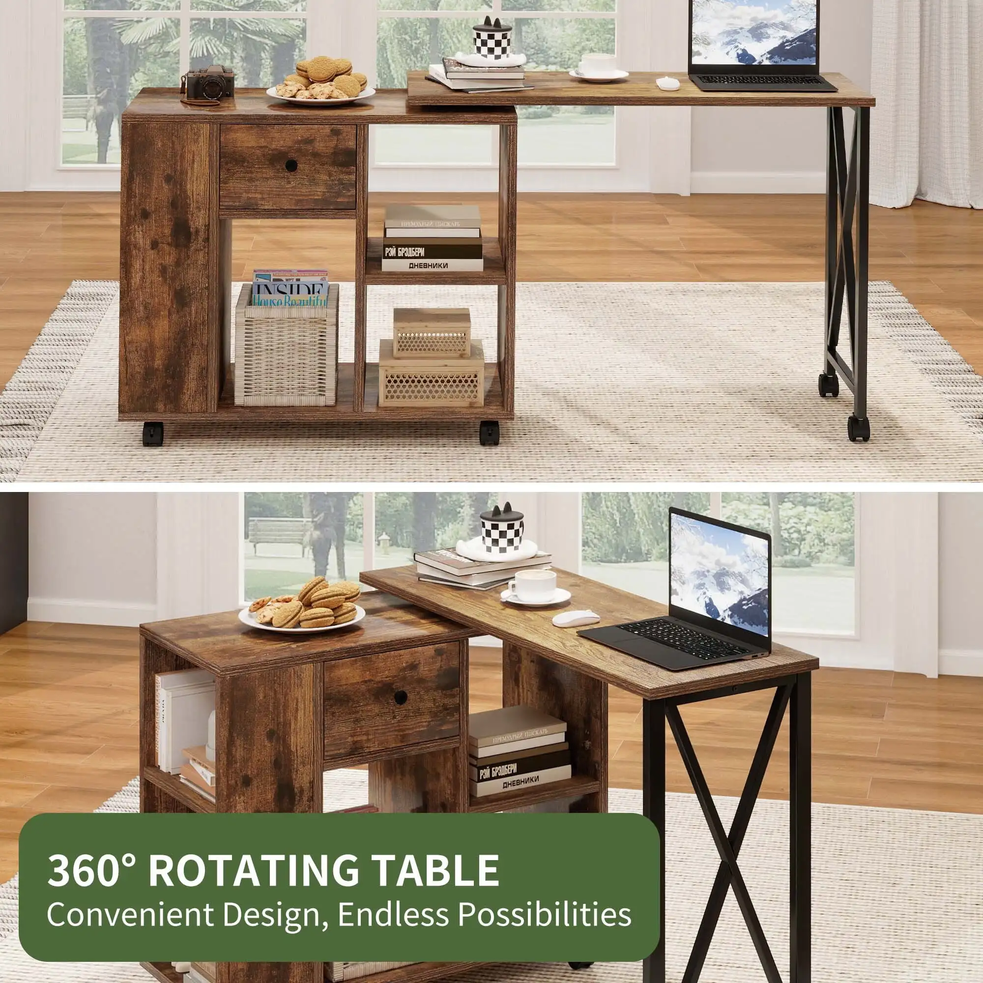 Rotating Writing Office Desk with Storage, Computer Desk with Wheels, Brown 2