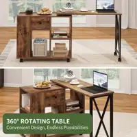 Rotating Writing Office Desk with Storage, Computer Desk with Wheels, Brown 2