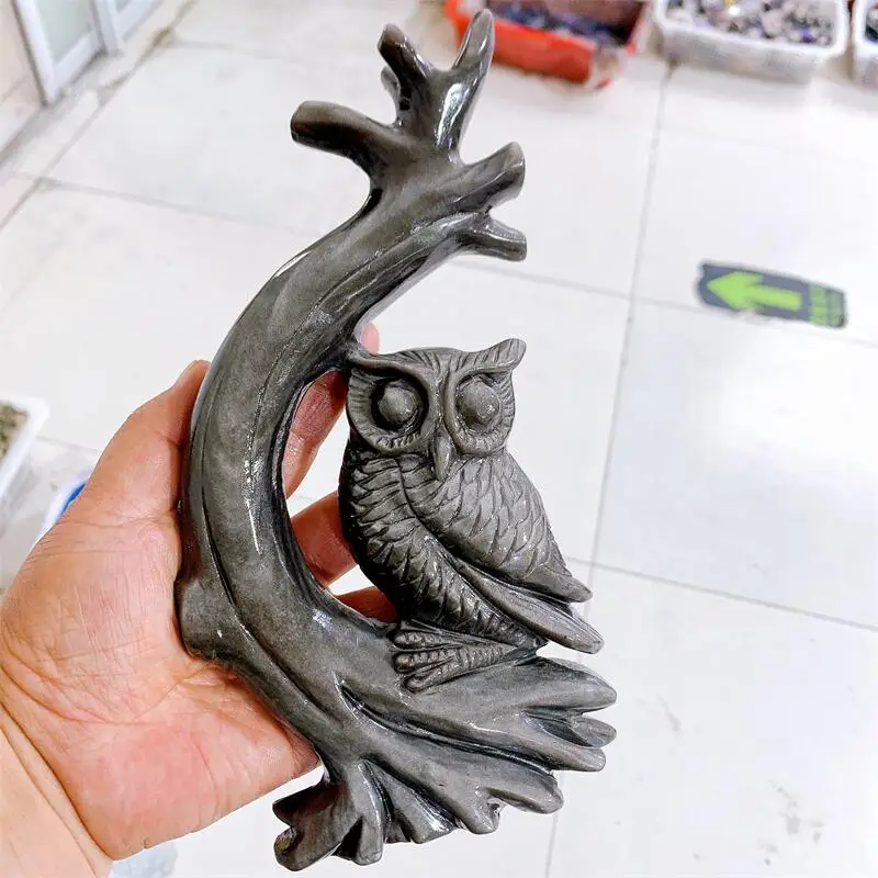 

Natural Silver Obsidian Branch Owl Figurine Carved Crafts Decor Quartz Healing Crystal Statue Home Garden Yard Decoration 1pcs