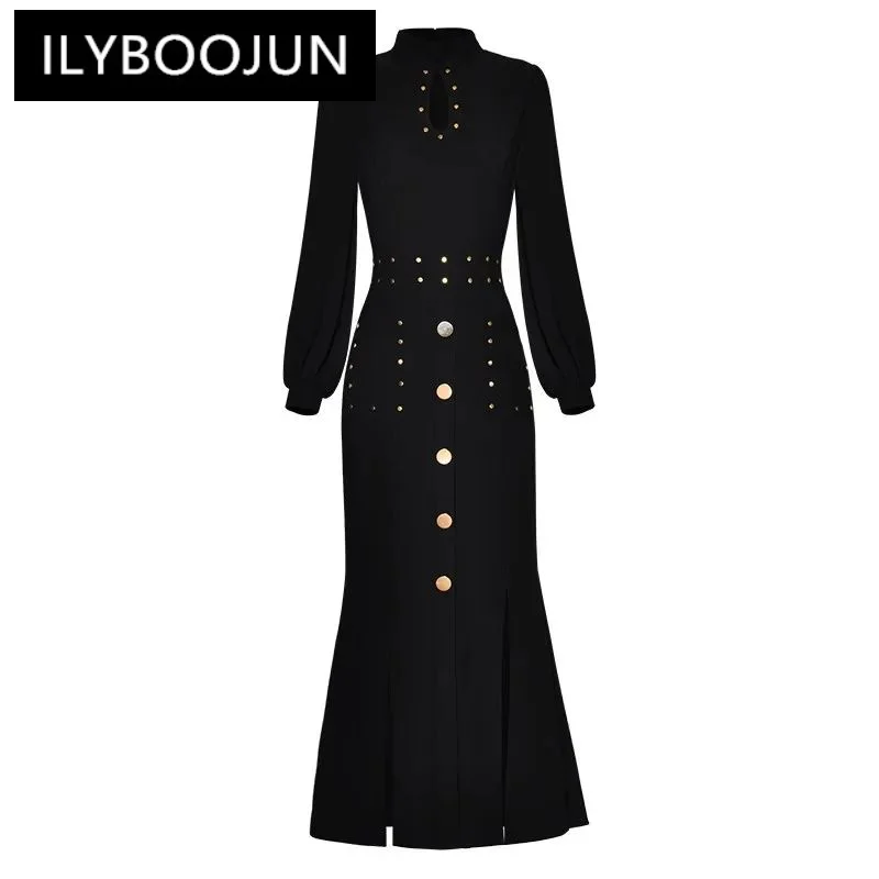 

Ilyboojun Fashion Spring Autumn Women's Dress Stand Up Collar Lantern Sleeves Rivet Slipackaghip Split Mermaid Dresses