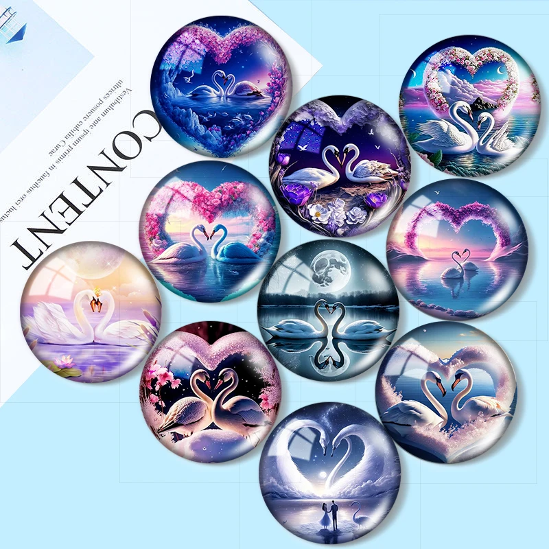 

Love swan flowers romantic 10pcs 12mm/16mm/18mm/25mm Round Photo Glass Cabochon Demo Flat Back Making findings