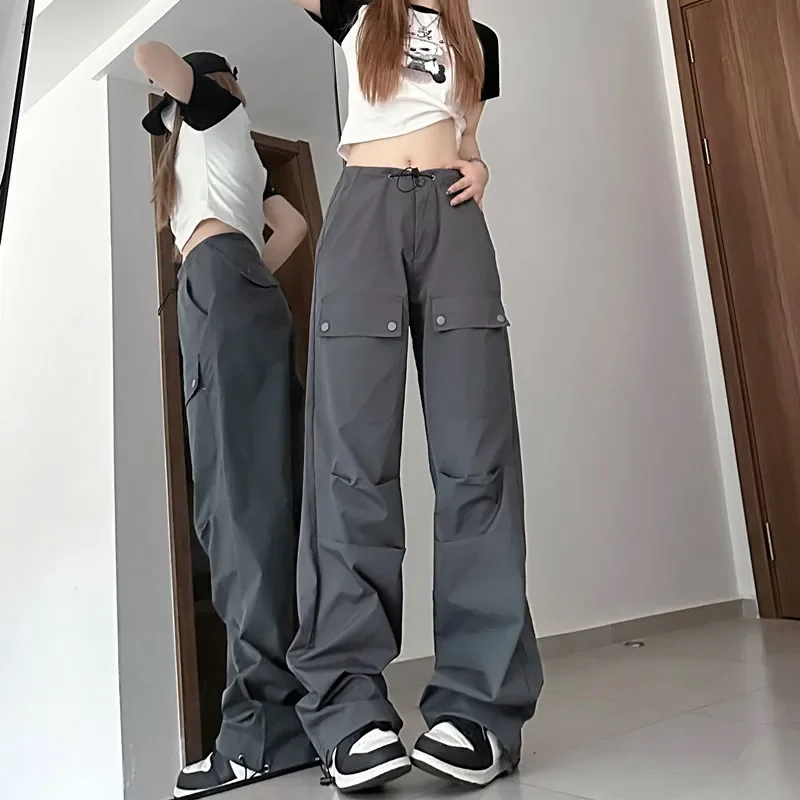 

Серые и черные свободные длинные брюки-джоггеры с карманами на шнурке y2k, парашютные брюки, летние брюки-карго, модные повседневные брюки в стиле Харадзюку