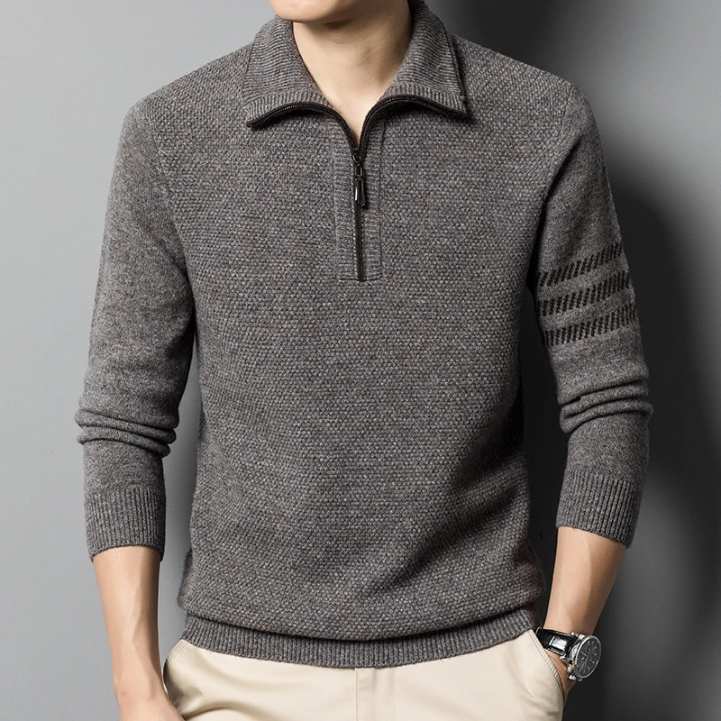 

Cashmere Sweater Men's Autumn and Winter New Padded Lapel Zipper 100% Wool Loose Pullover Fashion Knitted Bottoming Sweater Tide