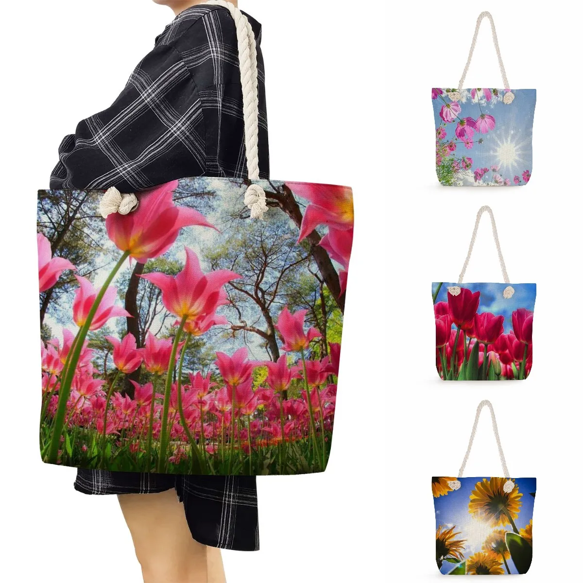 

Fashion Floral Printed Handbags Reusable Thick Rope Women Shoulder Bags Female Shopping Bag Foldable High Capacity Outdoor Beach