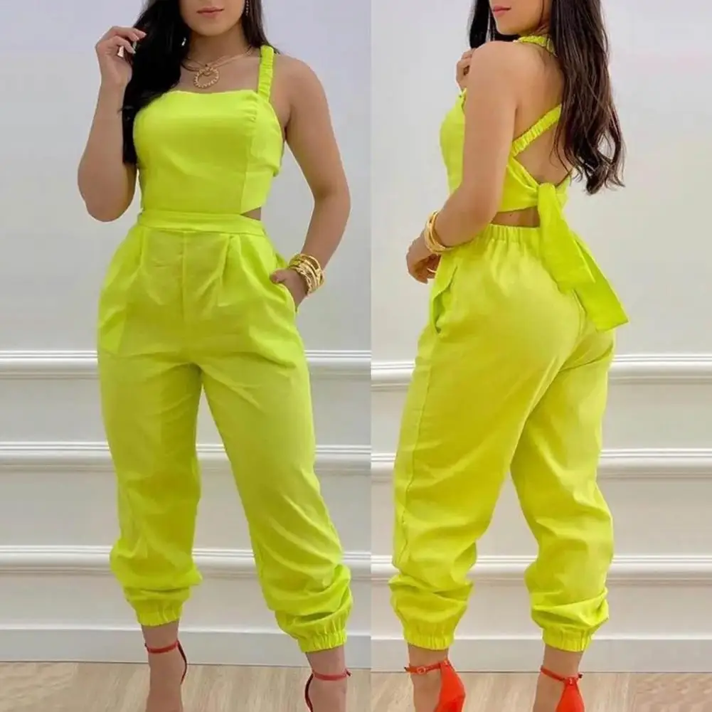 

Women Casual Jumpsuit Elegant Sleeveless Women's Jumpsuit with Color Matching Print Cross Back Design High Waist for Parties