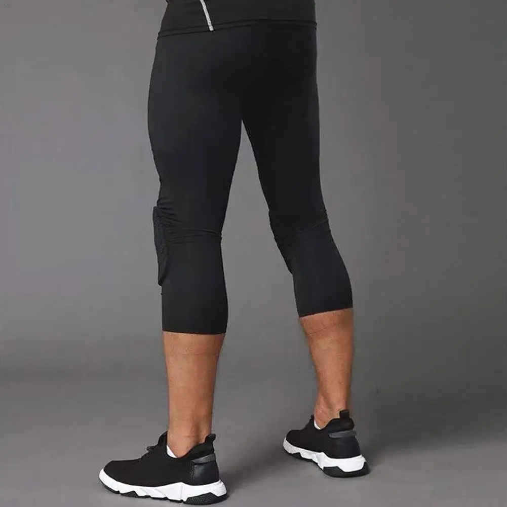 Men's Safety Anti-Collision Pants Basketball Training 3/4 Tights Leggings With Knee Pads Protector Sports Compression Trousers
