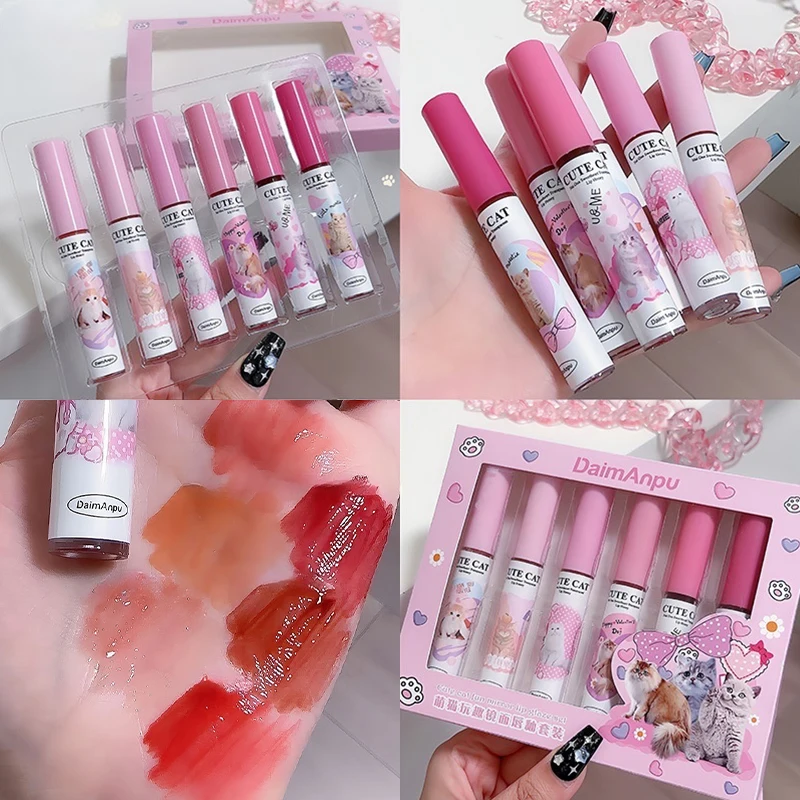 Cute Mirror Glass Lip Glaze Set 6pcs Water Light Cat Lipstick Jelly Oil Lip Gloss Korean Tint Watery Makeup