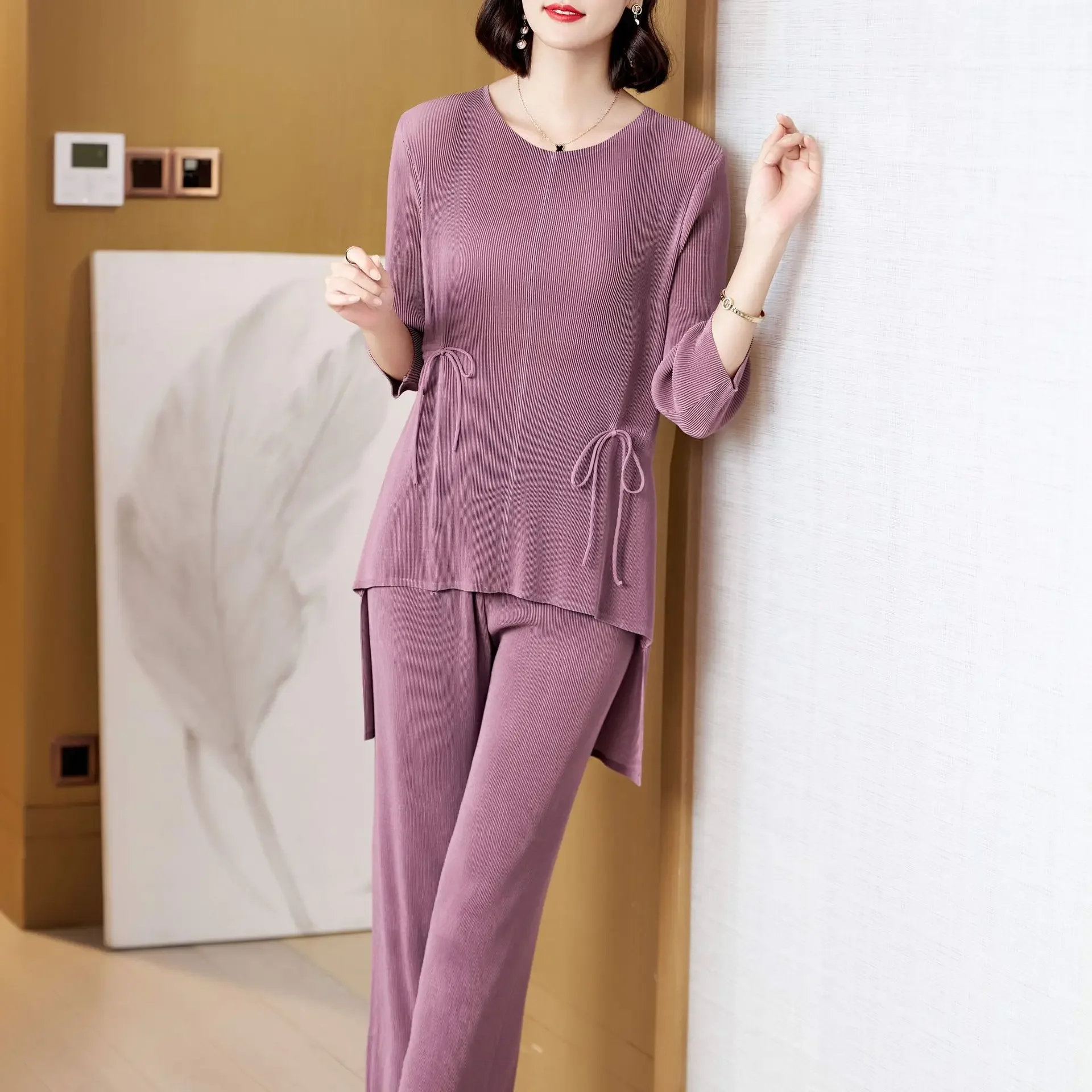 Miyake Pleats Classic Sets 2024 Spring Irregular Loose Long Sleeve Tops Harem Pants Women Casual Vintage Designer Two Piece Suit