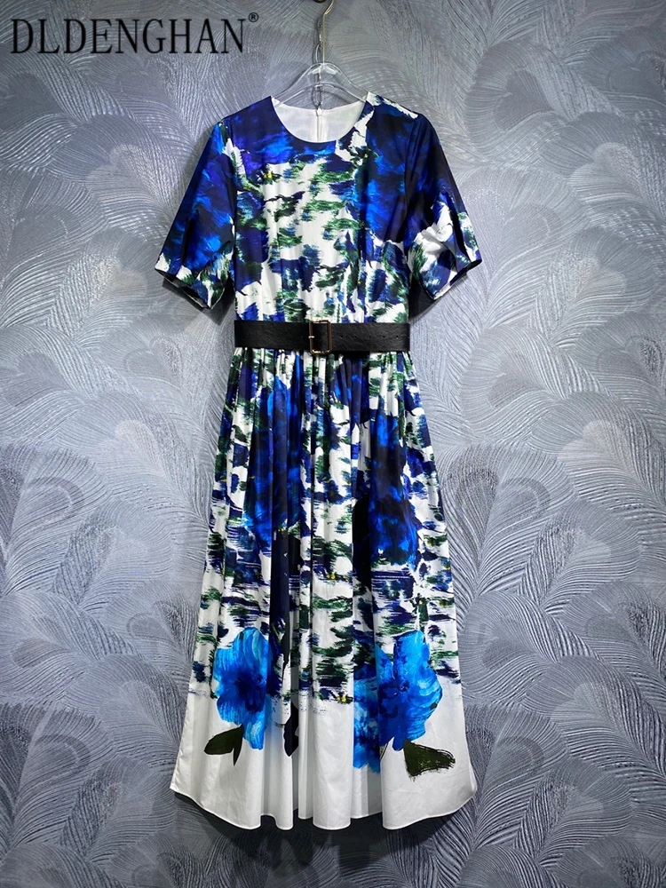

DLDENGHAN, летнее 100% хлопковое платье, женские офисные платья с круглым вырезом и коротким рукавом, с принтом и поясом, модные дизайнерские платья, новинка