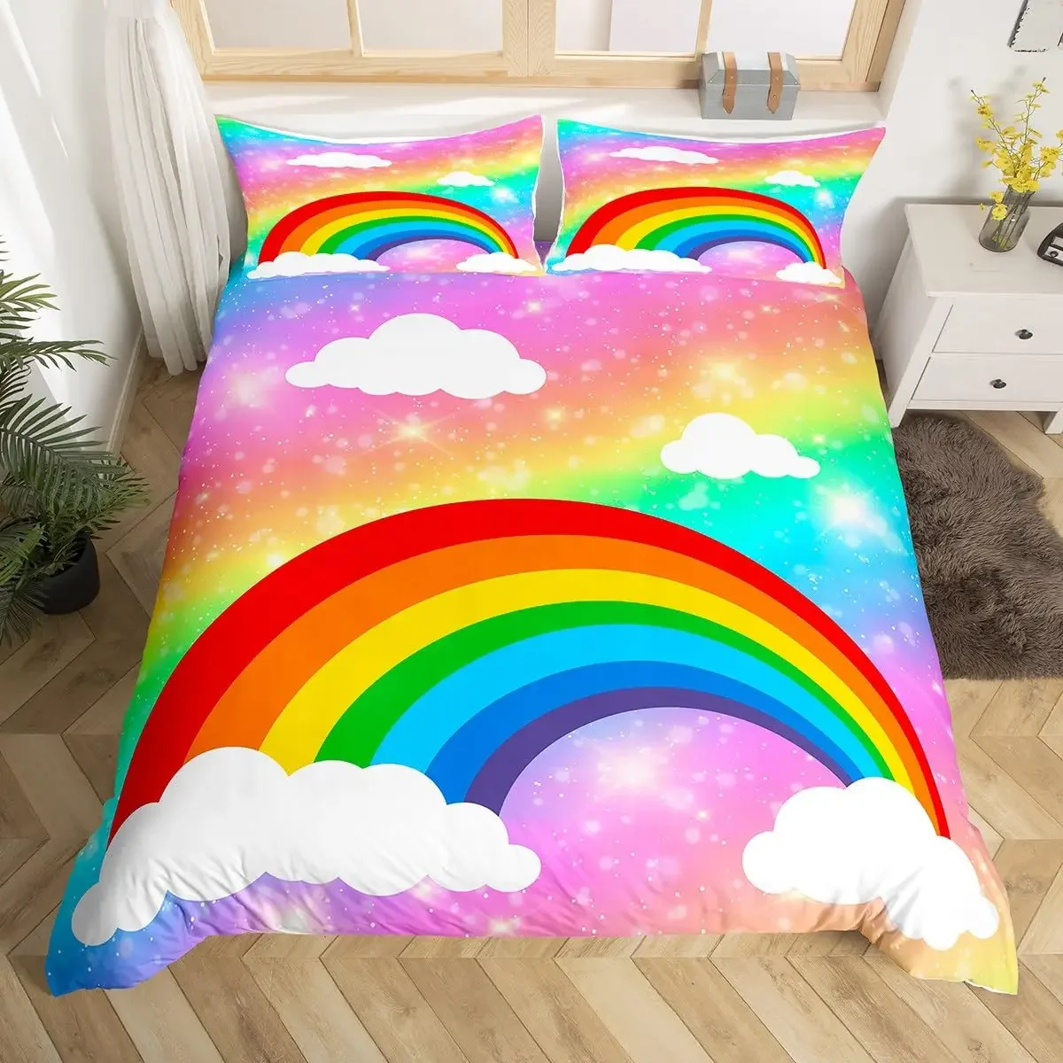 Rainbow Duvet Cover Set, Colorful Abstract Geometric Pattern with Shapes Rainbow, Decorative Bedding Set