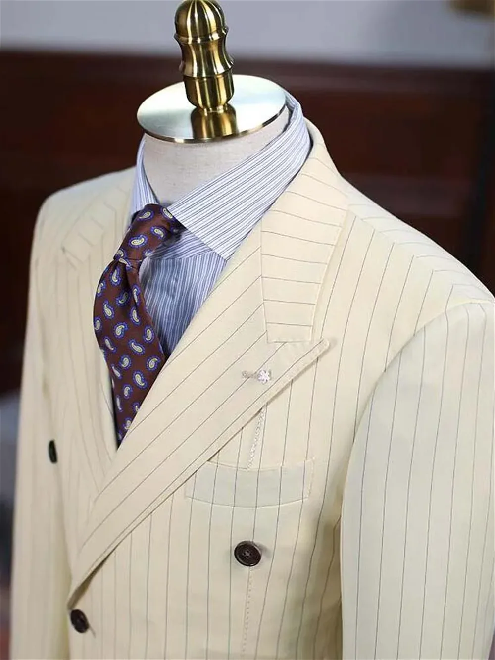 2 Piece Beige Vertical Stripes Men Suits High-end Peak Lapel Double Breasted Suit Slim Fit Business Casual Wedding Tuxedo Blazer