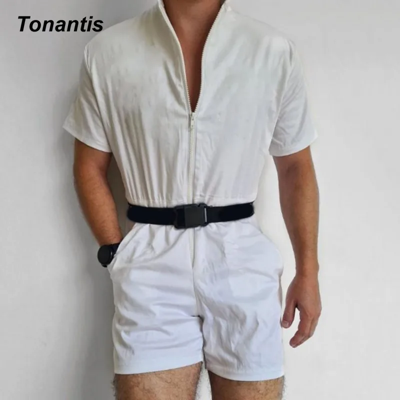 Fashion Men's Bodysuit Men Overall Shorts Zipper Temperament Slim Short Sleeve Romper Shorts Male Men Jumpsuit Streetwear