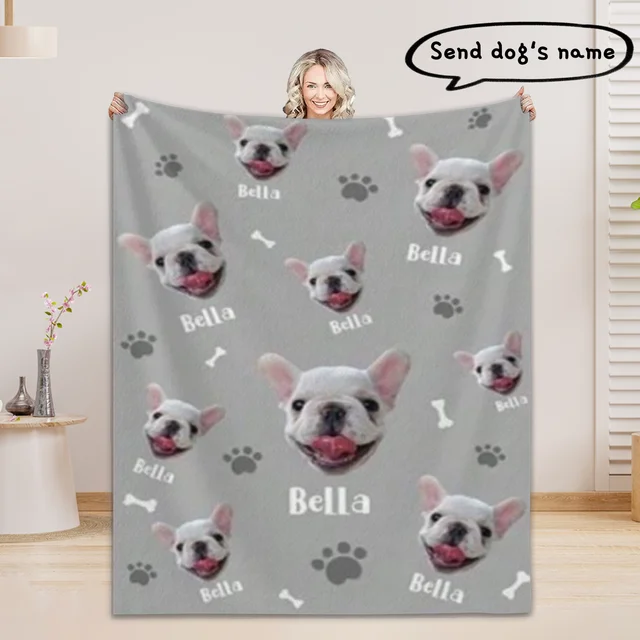 1PC Grey Blankets Personalized Pet Flannel Blanket Send Your Baby Dog's Name Photo Personalized Gift Blanket For Camping Travel