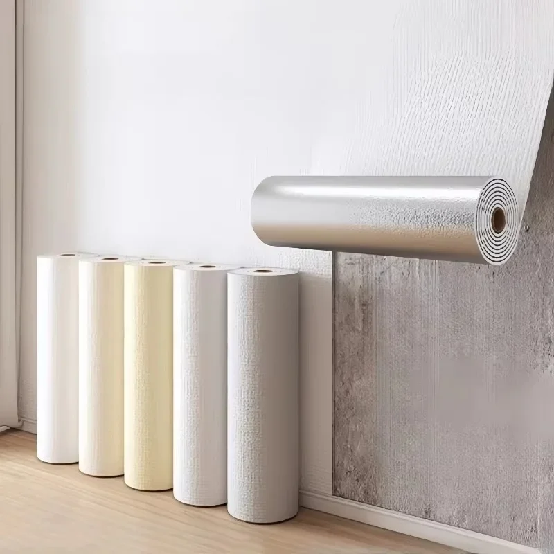 ผ้าลินินสีทึบวอลล์เปเปอร์ Self-Adhesive สติ๊กเกอร์ติดผนังกันน้ํา 3D Moisture-proof ผนังครอบคลุมสําหรับห้องนอน home Decor 1